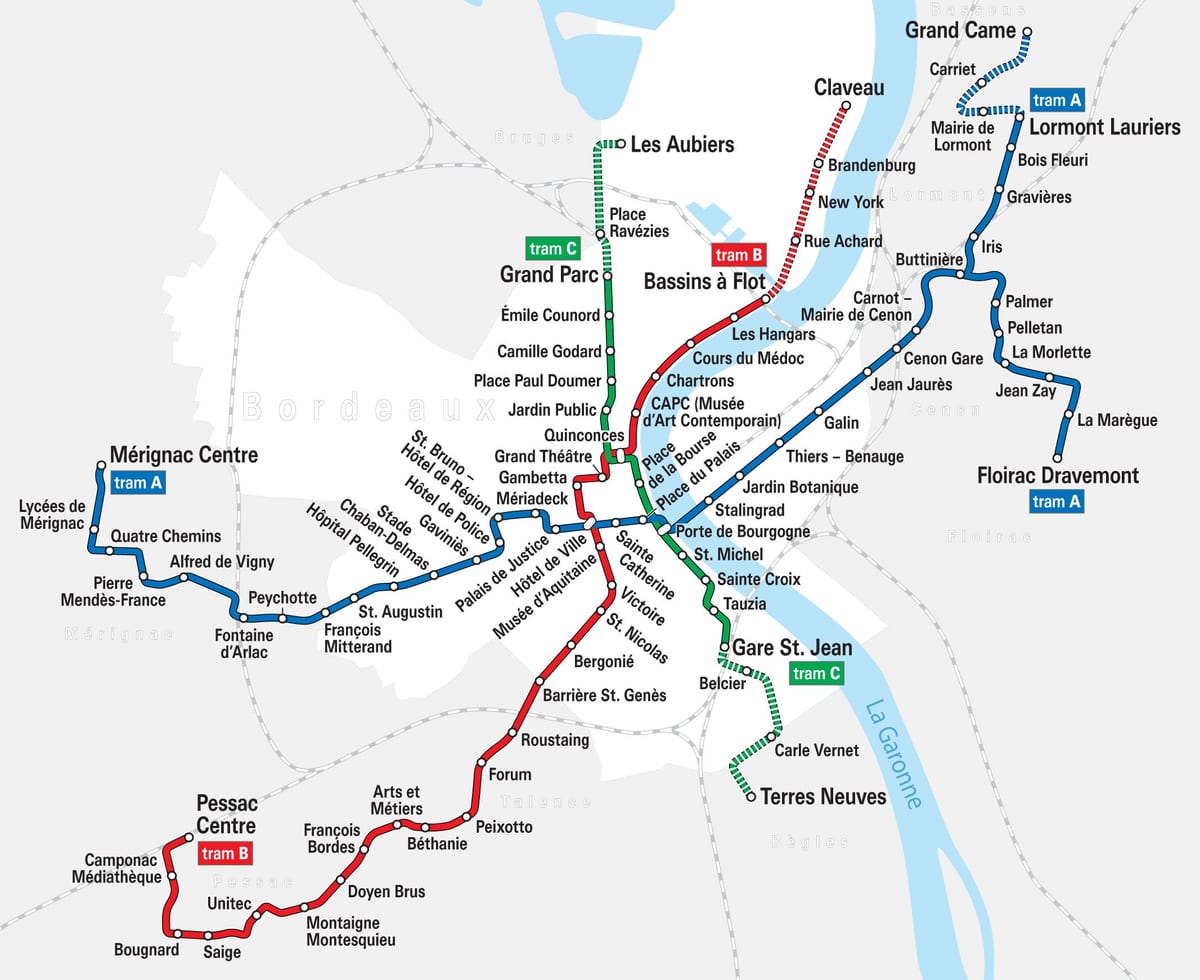 Bordeaux sporvogns-rute kort