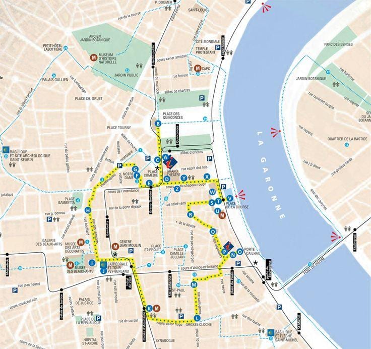 kort over Bordeaux walking tour