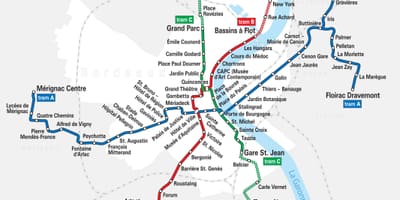 Bordeaux sporvogns-rute kort